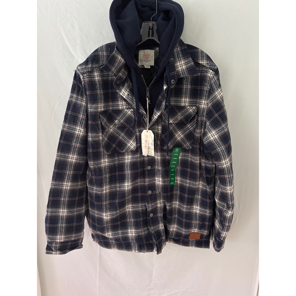 Cloudveil Mountainworks Flannel Shirt Jacket Hooded L Mens‎ Navy Plaid